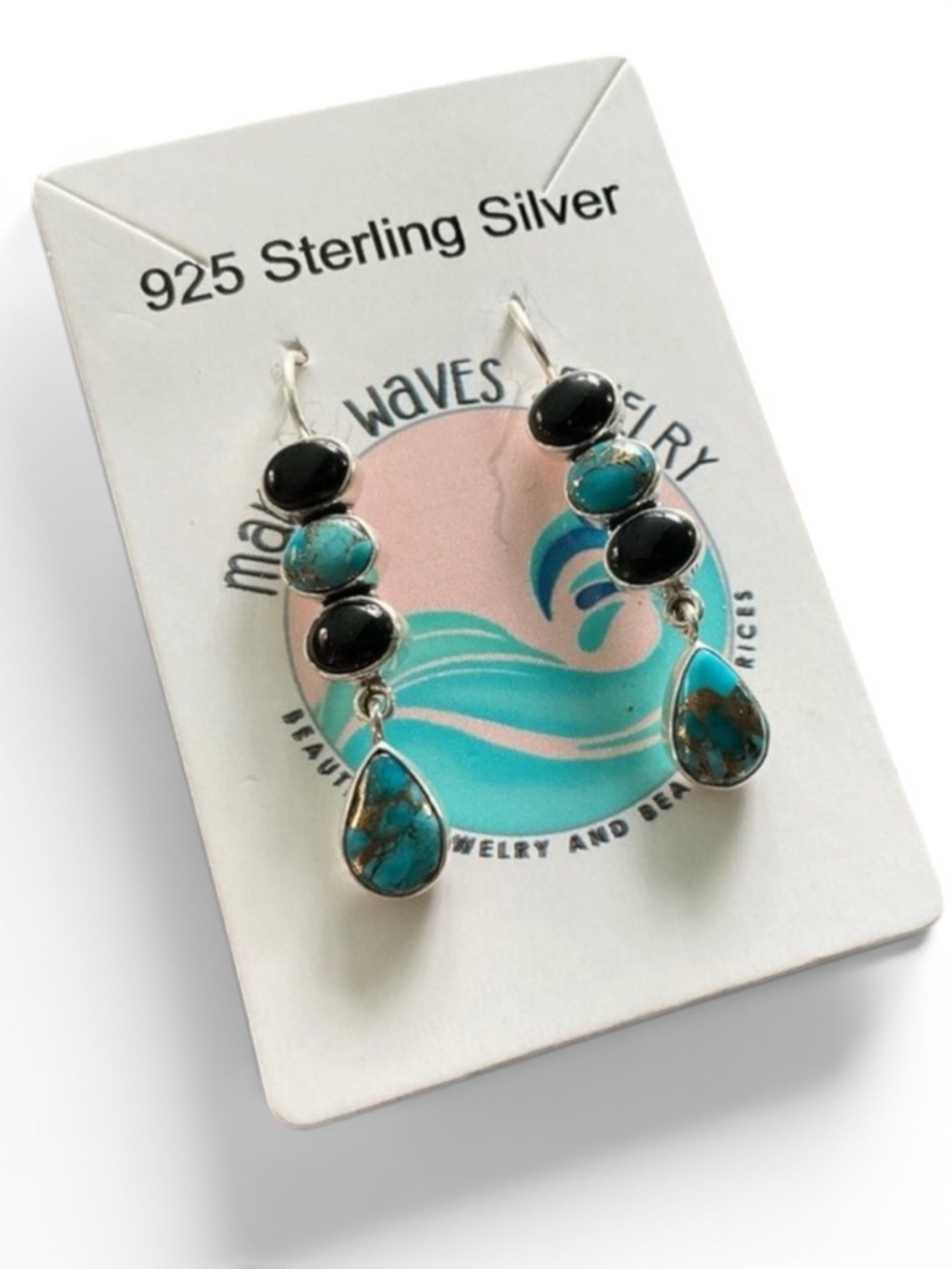 Kingman Turquoise & Black Onyx Solid 925 Sterling Silver Earrings